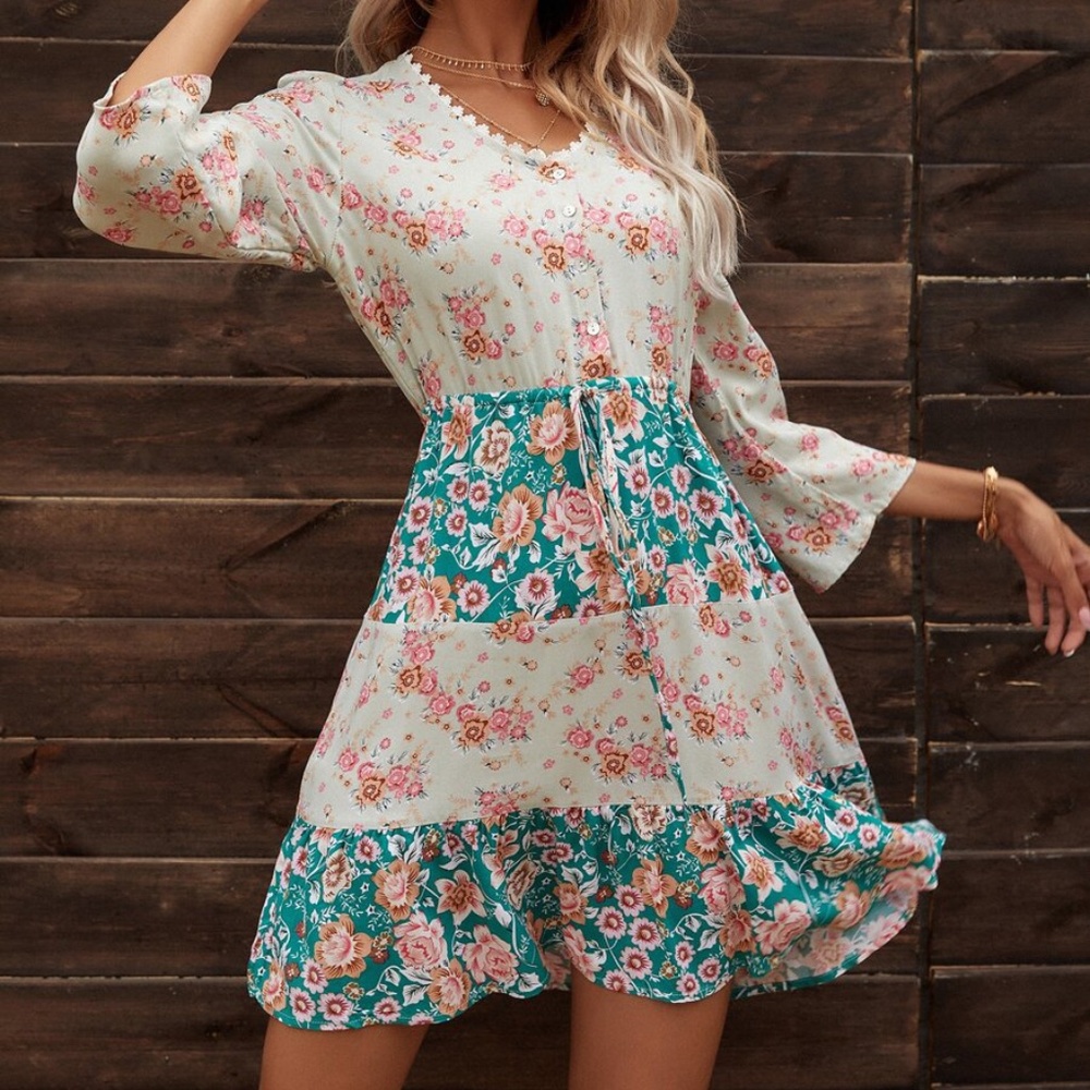 Boho V neck Floral Print Color Block A-line Dress - Picture 3 of 6